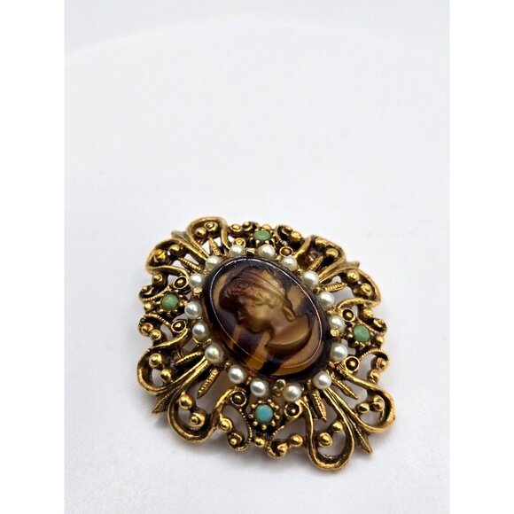 Vintage Florenza signed Gold Tone Filigree Pearl Cameo Brooch - Picture 9 of 9